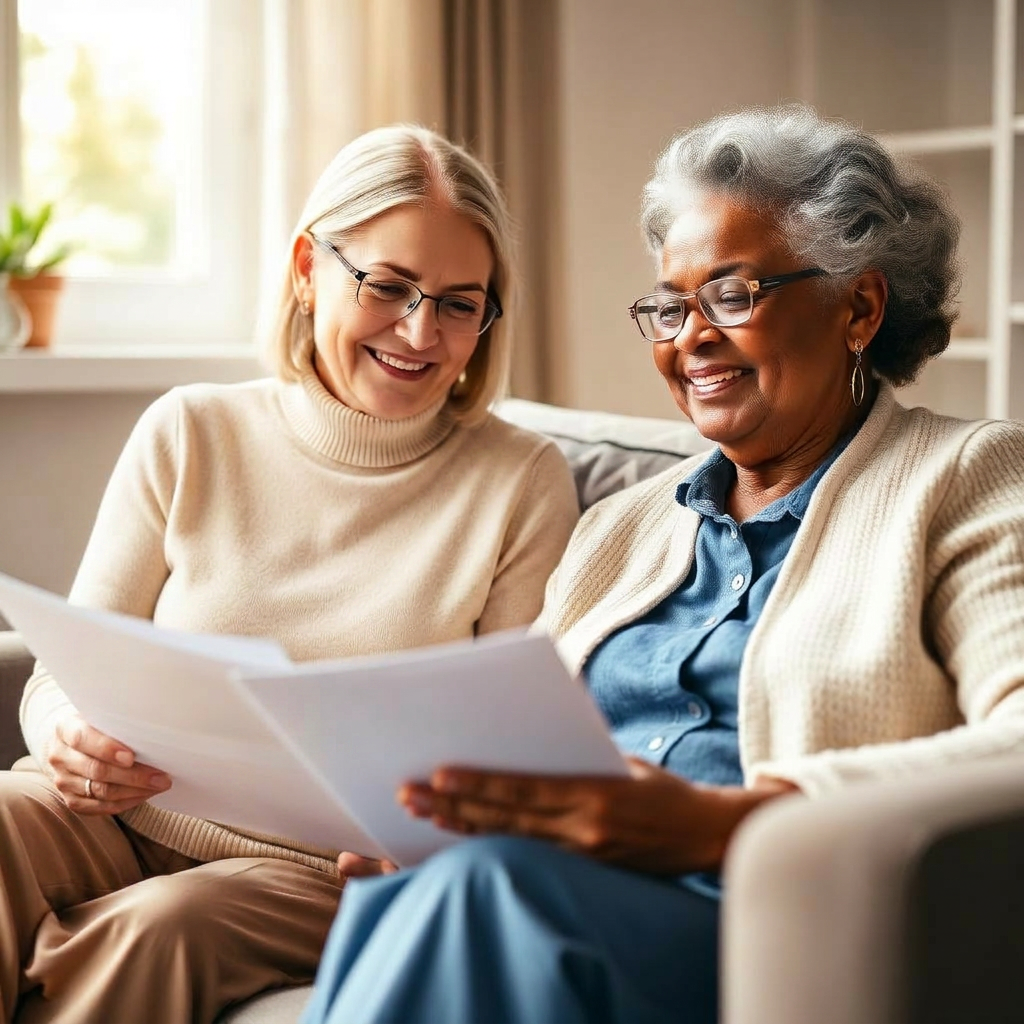 Advocate reviewing paperwork with a senior client in a warm sunlit living room